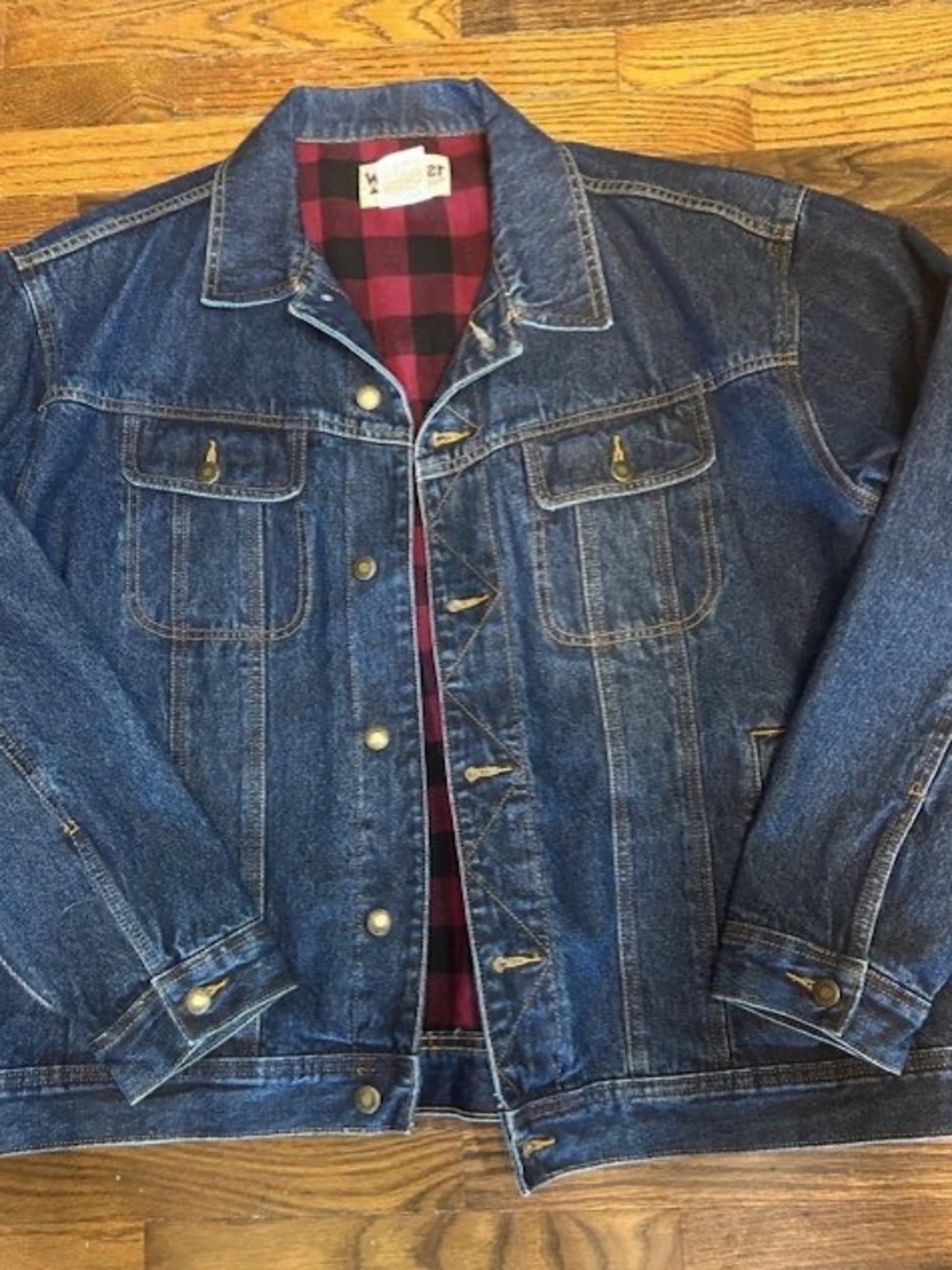 Wrangler Blue Denim Jacket with Red Plaid Lining